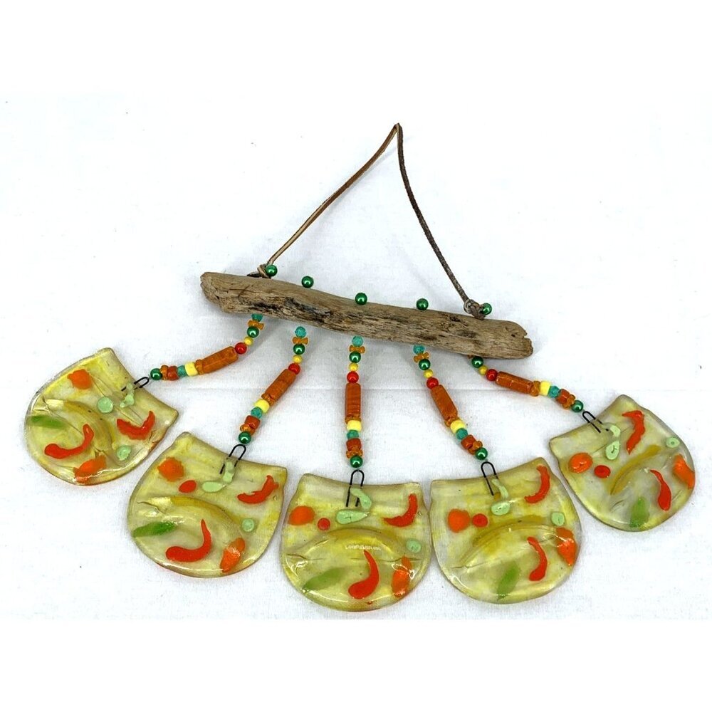 Fused Glass Wind Chime Driftwood Handcrafted Yellow Orange Yard Porch Decor 14"